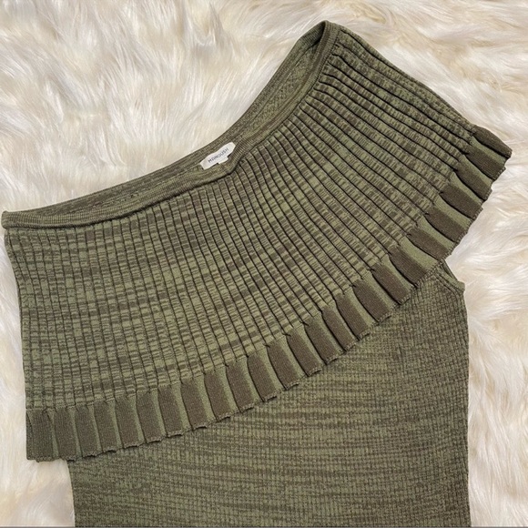 Manoush One Shoulder Top Variegated Olive Moss Bodycon stretch Top Ruffle S NEW - Picture 4 of 5